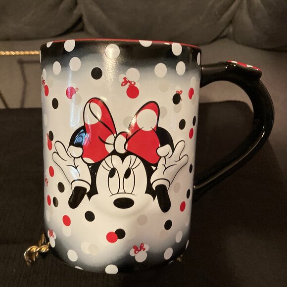 Disney Minnie Mouse Coffee Mug Cup-3D Black/White & Red Polka-Hair Bow on Handle - Picture 9 of 9